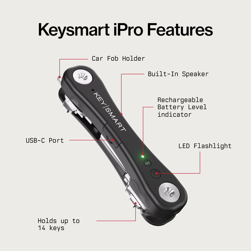 KeySmart iPro - Key Finder Locator with Sound, Keychain Key Holder, Apple Find My App Compatible, Key Organizer, Compact Clutter-Free Key Chain Tracker, Rechargeable Battery (Up to 14 Keys, Black)