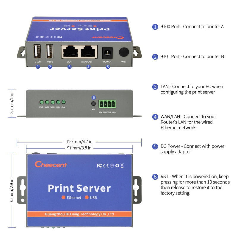 Network Ethernet to USB Print Server (NOT Plug&Play), Non-WiFi Version, 2 Port Print Server for USB Printer, Convert USB Printer to Ethernet Networking - Windows Mac Linux Compliant - CR102 Ethernet USB Print Server