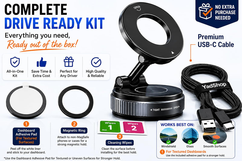 Car Phone Holder Mount, Manual Vacuum Magnetic Suction Cup for Dashboard & Windshield, 360° Adjustable Phone Holder for Car, MagSafe Compatible, USB-C Cable Included, iPhone & Android
