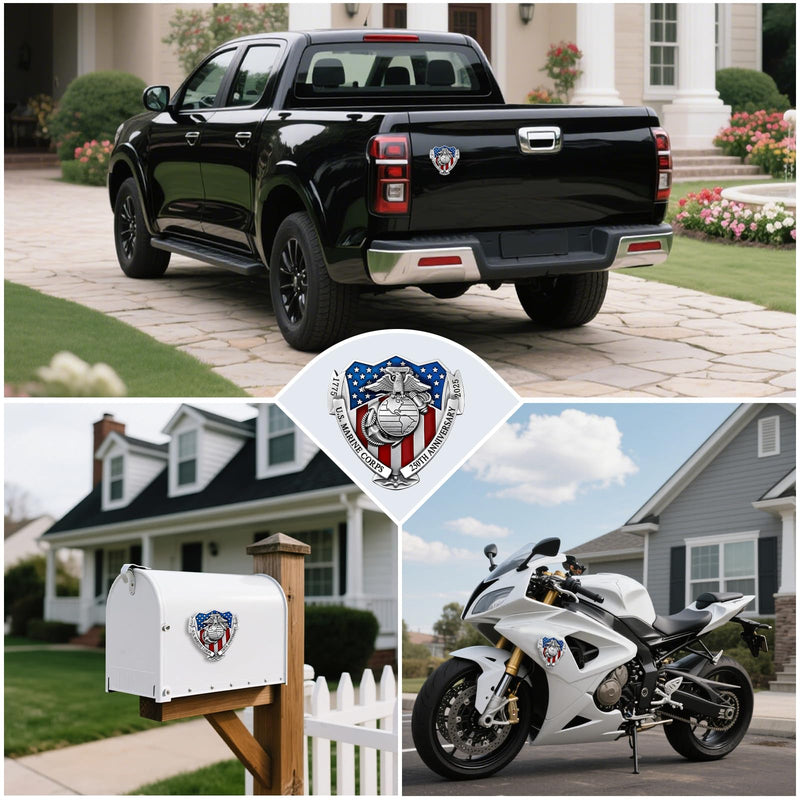 2025 Marine Corps 250th Anniversary Metal Car Emblem, US.MC 3D Shield Shape Car Decals with Eagle, Enamel American Flag, 3M Adhesive, Cars Medal Gift for Veterans and Military Supporters