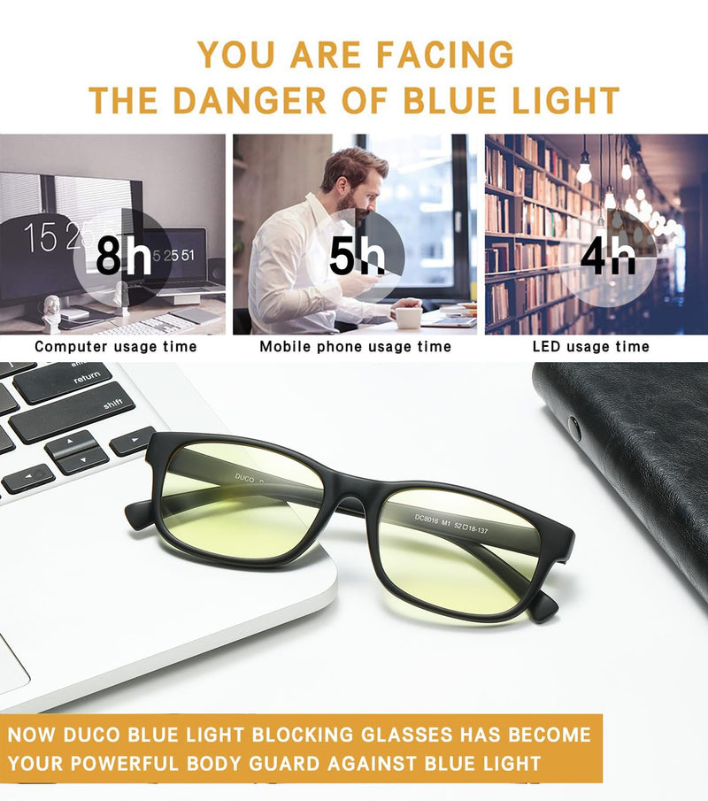 DUCO Blue Light Blocking Glasses Gamer Glasses And Computer Gaming Glasses 8016 Matte Black Frame Amber Lens