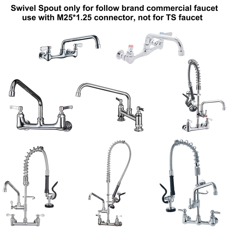 Swivel Swing Nozzle Spout 12 Inch Replacement Kit for Commercial Kitchen Sink Faucet Stainless Steel Add-on Spout Fits for 2 or 3 Bay Compartment Sinks, Chrome Finish (M25*1.25mm)