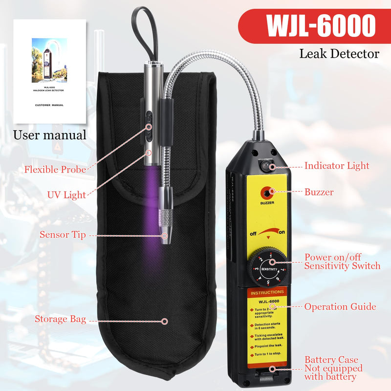 Auto Air Conditioner Leak Detector Tool WJL-6000 Refrigerant Leak Detector with 365nm LED Flashlight and UV Protective Glasses for HVAC Air Conditioner R22 R410A R134A(Yellow) approx. 8.46 of head length Yellow