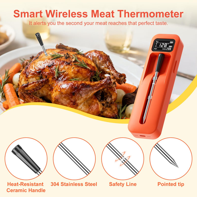 Smart Wireless Digital Meat Thermometer with Ceramic Probe, Food Thermometer Standalone Display Base 3000FT Range Real-time Monitoring ±0.5°F Accuracy,for BBQ/Oven/Grill/Smoker/Air Fryer 1 Probe