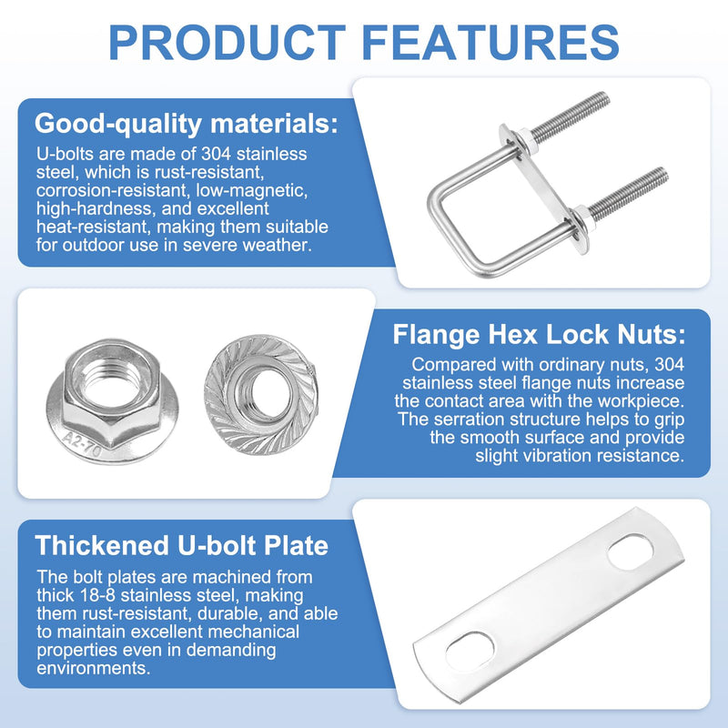 uxcell 4 Set M8 1-9/16 Inch Inner Wide Square U Bolts, 4-3/4 Inch Length 304 Stainless Steel U-Bolts with Flange Hexagon Nuts, Frame Plates for Trailer, Automotive, (40mm W x 120mm L) 40mm W x 120mm L