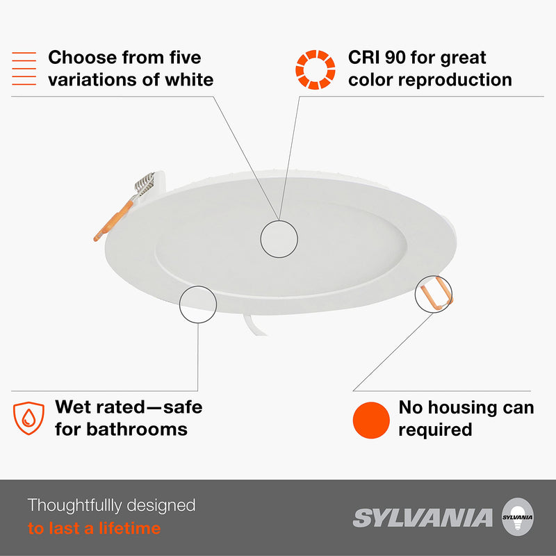 Sylvania 8" Slim Microdisk Recessed LED Downlight Kit, Dimmable, 20W, 5 CCT Color Selectable (2700K/ 3000K/ 3500K/ 4000K/ 5000K), Wet Rated, 90 CRI - 1 Pack (61407) 5cct in One (2700k/3000k/3500k/4000k/5000k) 1 Count (Pack of 1)