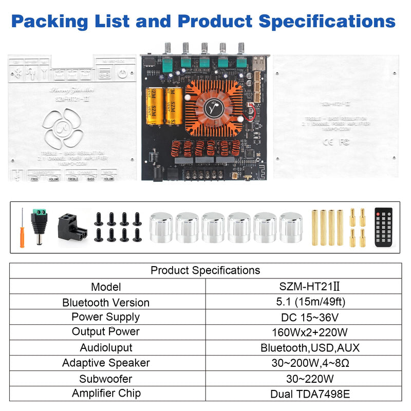 540W 2.1-Channel Mini Bluetooth Amplifier Board – 160W×2 + 220W Subwoofer, with TWS, FM/USB/AUX, IR Remote, DC15-36V, Deep Bass for DIY Speakers & Home Audio Black