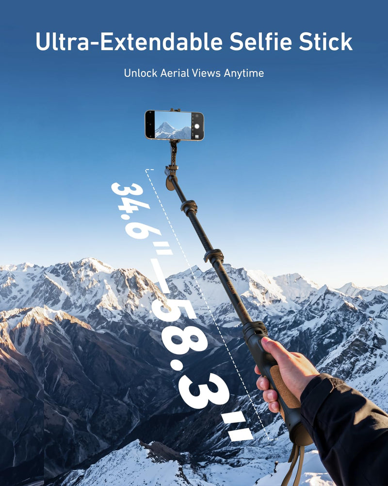 TELESIN TrekShot Carbon Fiber Selfie Stick Tripod, 3-in-1 Hiking Stick Pole | 58" Extendable Phone Tripod for iPhone & Action Cameras, Solo Travel Vlog Monopod for Trekking, Camping, Outdoor Creators