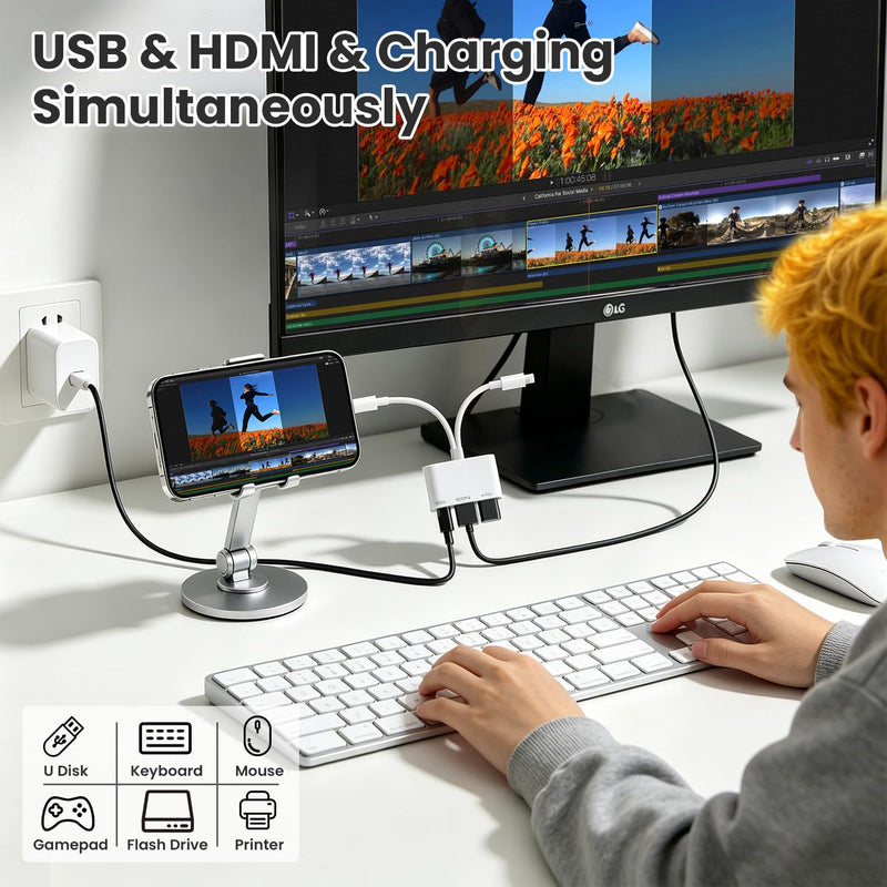 USB-C and Lightning to HDMI Adapter with USB for iPhone/iPad, 1080P MFi Lightning Digital AV Adapter with Charging Port for iPhone 17/16-6/iPad to HDTV/Projector/Monitor,USB2.0 Supports Keyboard/Mouse