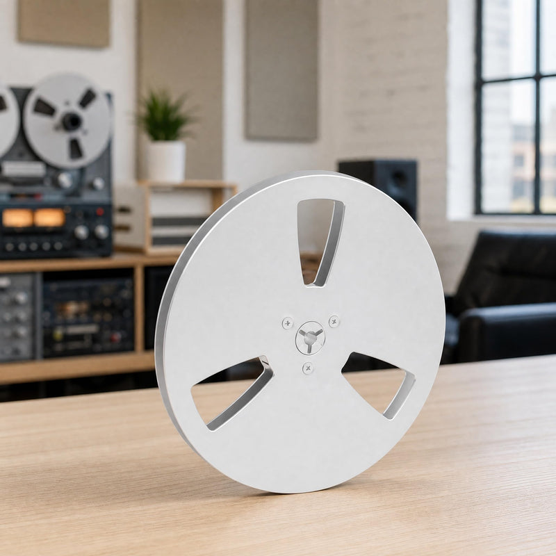 7 Inch Empty Tape Reel, 1/4 Inch Aluminum Takeup Reel, Silver | Precision-machined aluminum alloy reel with 3-hole design for tape storage, transfer and restoration
