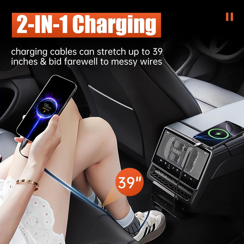 USB Hub for Tesla Model Y Juniper 2025 2026 Model 3 Highland 2024 2025, 120W Dual Type-C Rear Vent Air Outlet Expansion Cover Fast Charger Center Console Docking Station with Retractable Cable