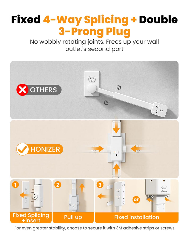 Flat Outlet Extender Stick,6 Widely Outlets,20W USBC,Extendable 11.6"-35.4" | Adjustable Wall Outlet for Behind Couch Bed TV Dresser Desk Dorm,3 Side Plug Outlet&Phone Ledge,Sag-Free 4 Way Fixed