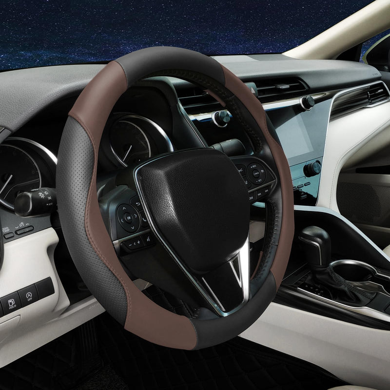 Steering Wheel Cover Universal Standard Size 14.5-15 inch, Breathable Microfiber Leather, Anti-Slip, Soft Grip, Sporty Design, Fits for Cars SUVs Trucks, Black and Chocolate Brown Black and Brown