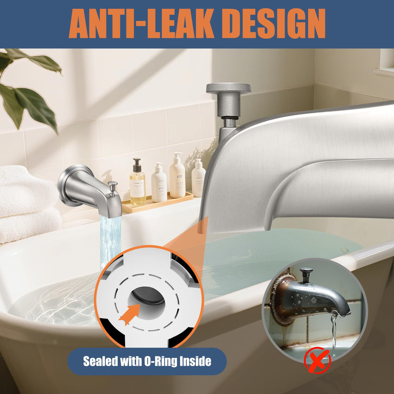 Universal Bathtub Tub Spout with Diverter, Fits 1/2" Slip-Fit Copper Pipe Connection, Pull Down Bathtub Faucet Spout Replacement, Includes Metal Cover Ring (Brushed Nickel) Brushed Nickel