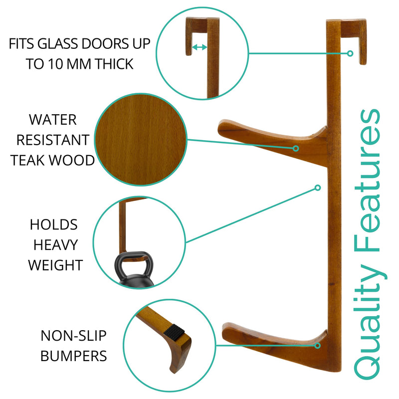 Over Shower Door Towel Hook - No Drill, No Rust, Moisture Proof Hard Wood - Shower Door Hooks for Towels - Space-Saving Bathroom Organizer Home Decor - 2pcs 2