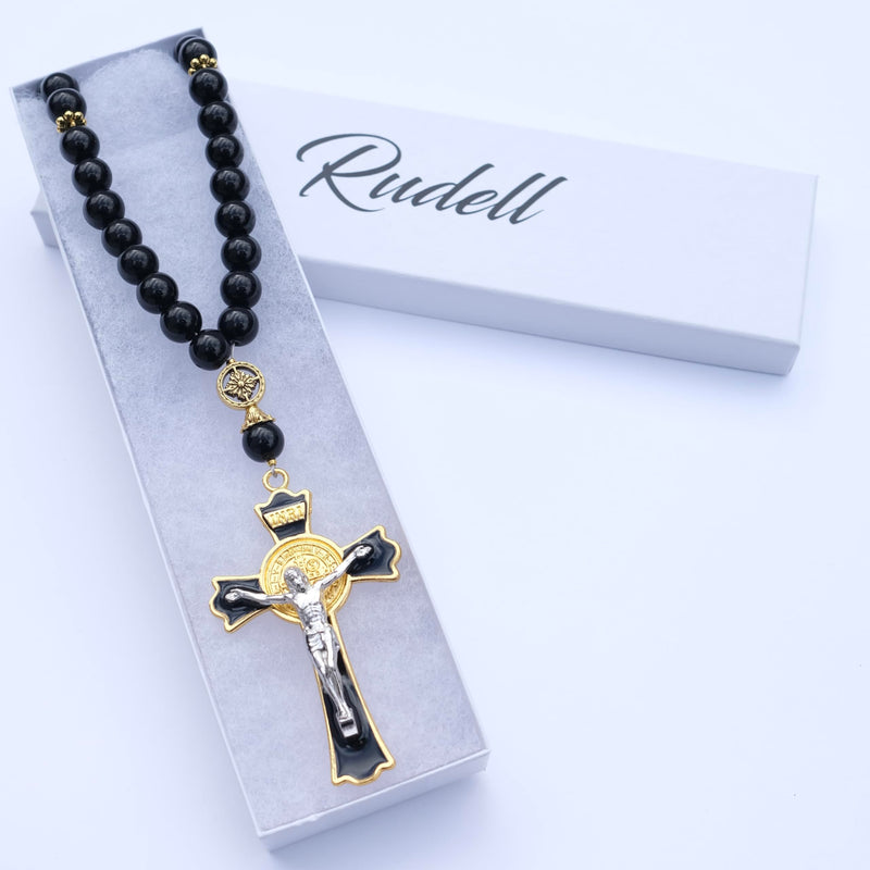 Car Rosary for Rearview Vehicle Mirror, Rosary Beads Catholic for Women, Black Rosary for Men, Cross for Car Mirror Hanging, Medal Cross Saint Benedict Rosary for Car & Truck - Christian Gift 40 Beads