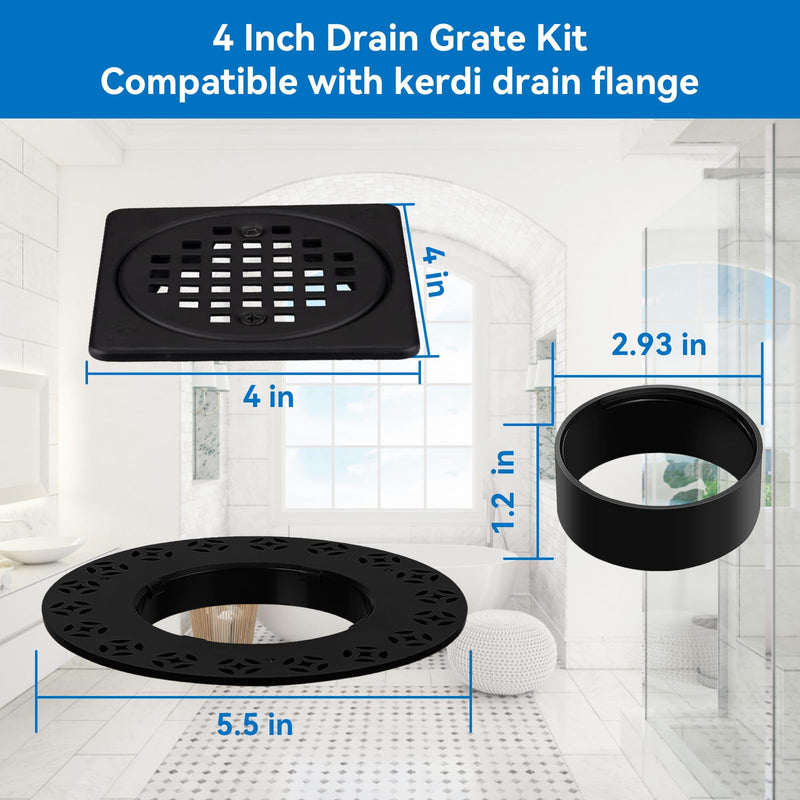 4 Inch Drain Grate Kit Fit for Drain Flange Drain CUPC Certification | Square Shower Floor Drain Matte Black 4 Inch