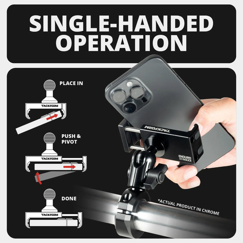 Tackform Chrome Motorcycle All Metal Phone Mount - 20MAXX Spring Cradle | Universal Clamp Fits 7/8" to 1-1/4" Handlebars | Aluminum | Compatible with iPhones, Galaxy Devices, More | Short Reach Arm 7/8" to 1-1/4"