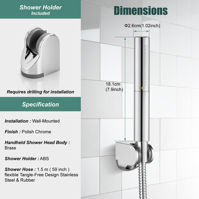Heyalan Brass 2 in1 Function Handheld Spray Hand Shower High Pressure Handheld Sprinklert Shower Wand with Shower Hose and ABS Hand Shower Holder, Polished Chrome Basic
