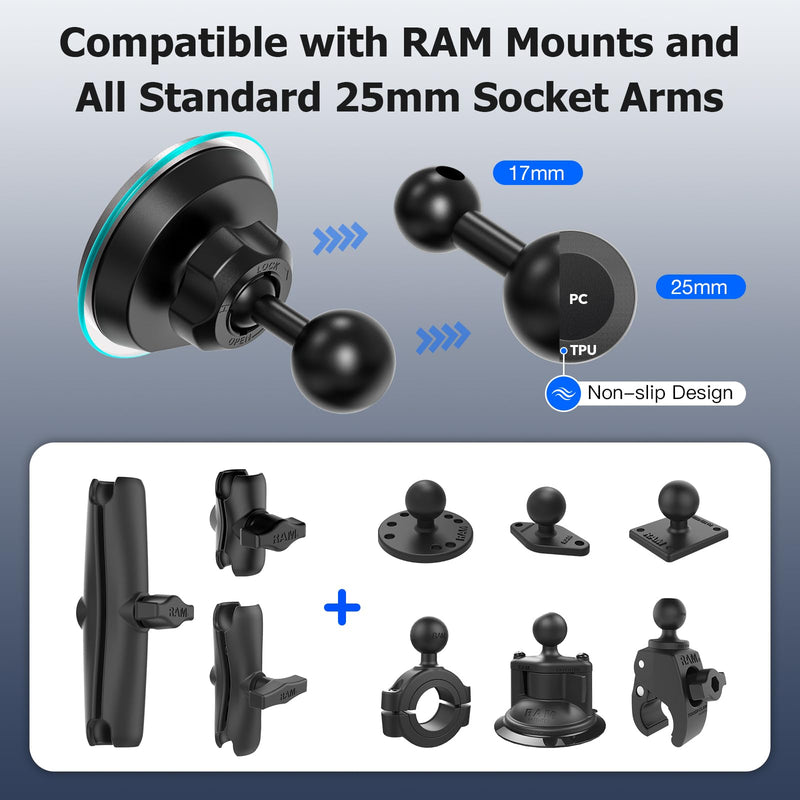 Magnetic Wireless Car Charging Phone Holder with 1-inch Ball Mount for Magsafe, Super Magnet & Anti-Slip 1" (25mm) Ball Mount Phone Holder Compatible with RAM Mounts Double Socket Arm Black