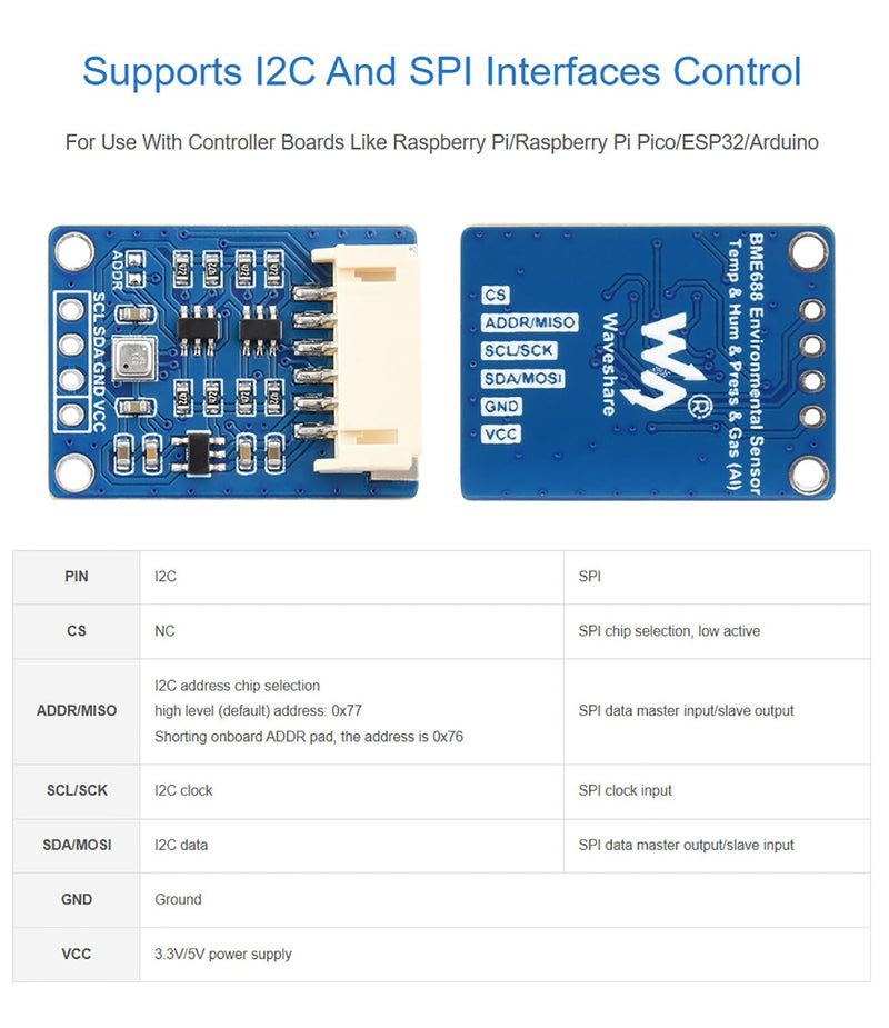 BME688 Environmental Sensor for Raspberry Pi/Raspberry Pi Pico/Arduino/ESP32, Supports Temperature/Humidity/Barometric Pressure/VOC Gas Detection/AI Function, I2C and SPI with AI Function