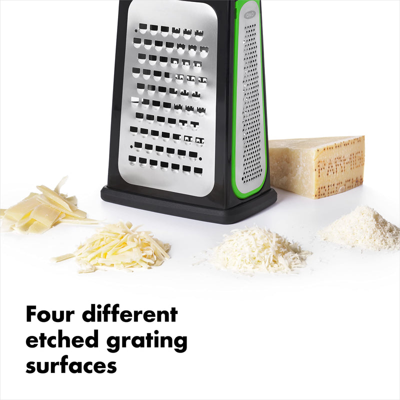 OXO Good Grips Etched Box Grater with Removable Zester | Ideal for Grating Cheese or Zesting Fruits | Storage Container Included | 4 Sided Grater | Comfortable Handle Box Grater with Removeable Zester