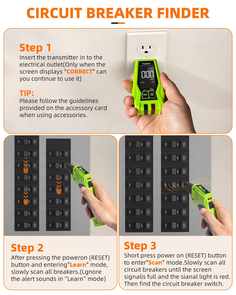 Circuit Breaker Finder with Outlet Tester, Quick GFCI, Voltage, AC 90-135V Electrical Circuit Tracer with Dual LCD Display, Batteries and Carrying Case Green2