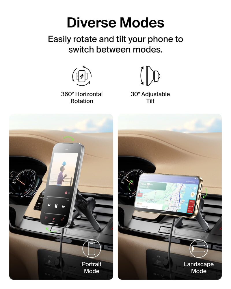 Belkin Qi2 15W Magnetic Wireless Vent Mount, Fast Charging Car Charger | MagSafe Compatible, iPhone 15/16/17, Samsung Galaxy S26, AirPods, iPads, MacBook, Chromebook, Car Phone Charger
