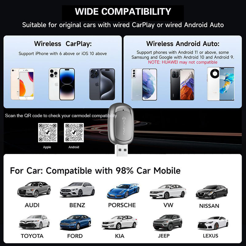 2-in-1 Wireless CarPlay Adapter & Android Auto for Apple iPhone, 2026 Upgrade Mini Bluetooth Dongle Convert Wired to Wireless, Plug & Play, USB A & Type C for 2016+ Cars, iOS 10+,Android 11+