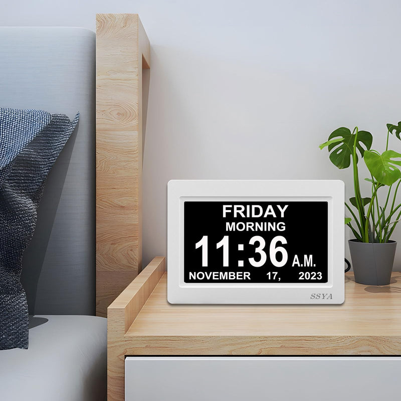 SSYA Digital Calendar Alarm Clock - Dementia Clocks for Seniors, Non-Abbreviated Memory Loss Clock with Date and Time for Elderly (White) 7" White