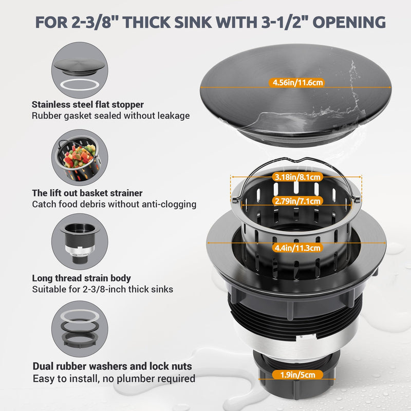 BOTEMY Kitchen Sink Drain Assembly with Removable Deep Basket Strainer, Anti-Clog Sink Drain Kit, Stainless Steel & ABS, Easy Clean Lift-Out Strainer, Fits Standard 3-1/2 Kitchen Sinks - Black