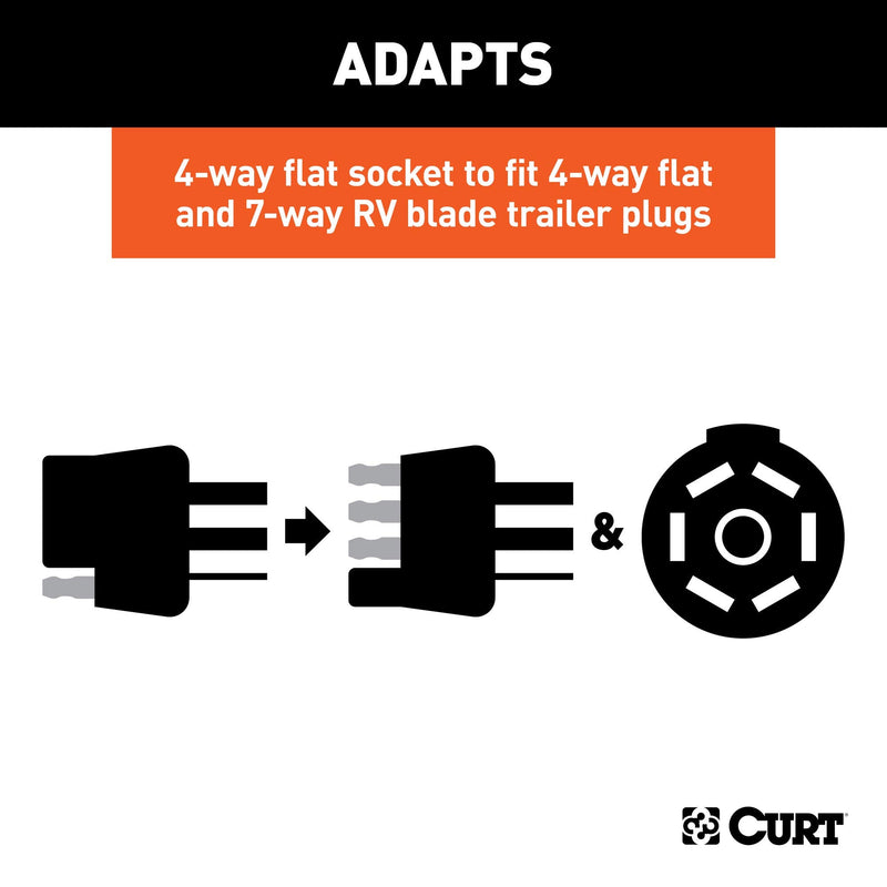 CURT 57674 Dual-Output 4-Way Flat Vehicle-Side to 7-Way RV Blade Trailer Wiring Adapter with Tester , black
