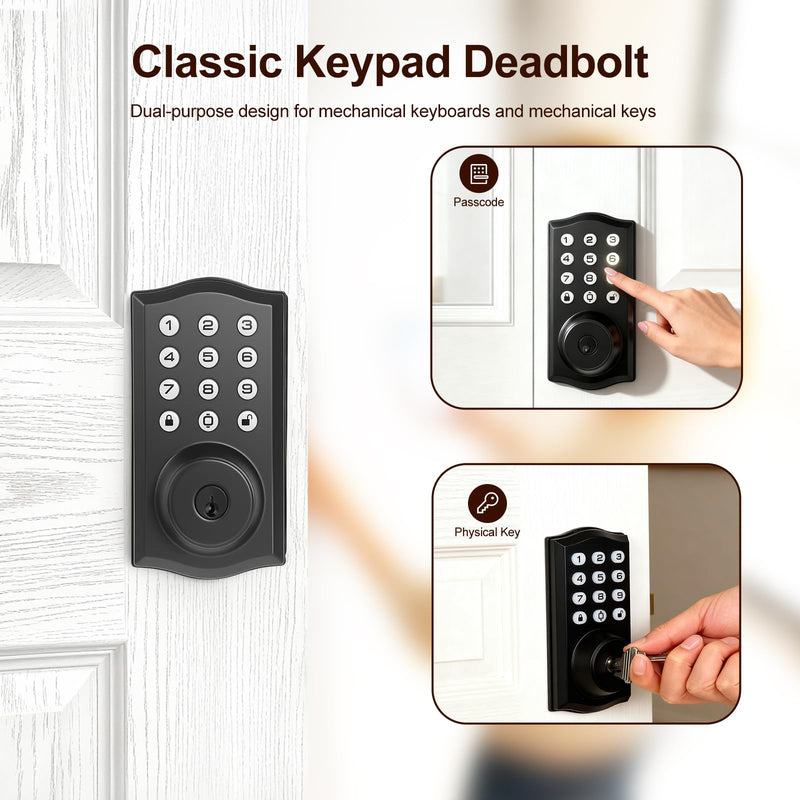 Keyless Entry Door Lock with Keypad, Auto Lock, Voice Prompt, Smart Deadbolt Lock for Front Door with Key, Matte Black – Easy Installation, IP55 Waterproof
