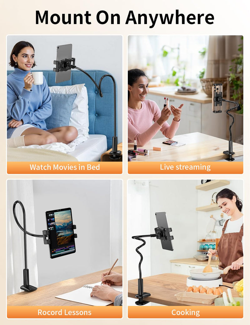 Gooseneck Tablet Holder for Bed, Adjustable ipad Stand with Long Arm | 360° Adjustable, Hands Free Tablet Mount Clip, Compatible with iPad/Mini/Galaxy Tabs/Kindle/Switch or More 4.7-12.9" Devices
