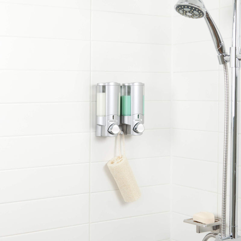 Better Living Aviva Shower Dispenser 2 Chamber, Wall Mount Shower Soap Dispenser for Bathroom Hotel Body Wash, Built-in Hooks, No Drill, Waterproof Shampoo Soap Dispenser, 2 x 11 oz, Satin Silver 2-Chamber