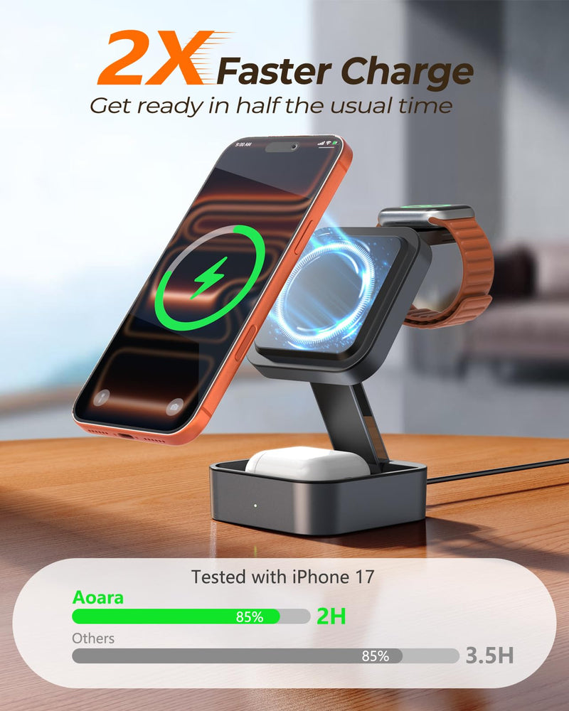 3 in 1 Wireless Charging Station for Apple Multiple Device, MagSafe Charger | Foldable Travel Compact, Charger Stand with 20W PD Adapter for iPhone 17/16/15/14/13, Apple Watch, AirPods Pro/4 - Space Grey