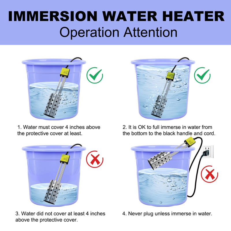 1500W Immersion Heater, GESAIL Bucket Water Heater with 304 Stainless-Steel Guard, Submersible Bucket Heater with Thermostat and Auto Shutoff, Perfect for Home Travel and Winter Job 1500W