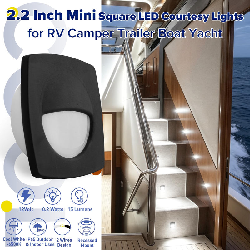 Boat Courtesy Lights Boat Deck Lights LED Waterproof 2 1/4 Inch 12v Black Courtesy Light for RV Trailer Camper Marine Sailboat Recessed Stair Light 0.2W 15LM 6500K White Companion Way Lighting, 6-Pack Cold White Light