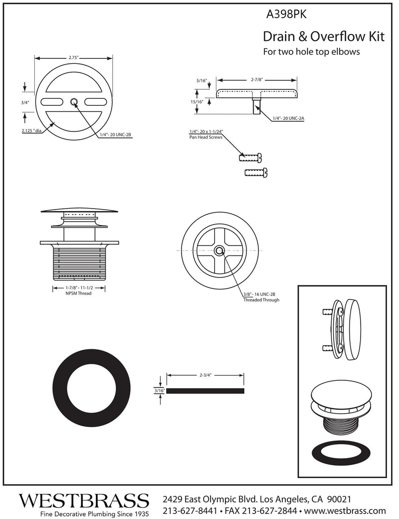 Westbrass A398RK-62 1-1/2" NPSM Coarse Thread Mushroom Tip-Toe Bathtub Drain Stopper with Illusionary Overflow Faceplate, Matte Black