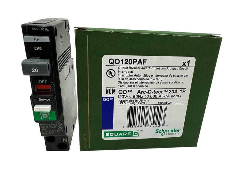 Square D QO120PAF (New Version of QO120PCAFI) Circuit Breaker, QO, 20 AMPS, 1 Pole, 120VAC, 10kA, Combo arc Fault, Plug on Neutral, Plug in Mount, UL Listed