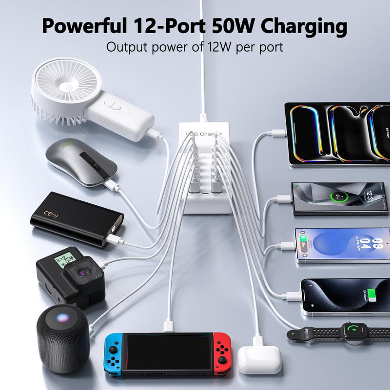 Multi USB C Charger, USB Charging Block Station, 50W 12 Port Multiple USB C Power Strip USB Hub Compatible with iPhone 17 Pro Max/16/15/14/13/12/11, iPad, Tablets, Samsung Galaxy S25/S24, Pixel