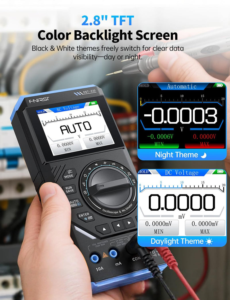 FNRSI Upgraded DST-210 2-in-1 Digital Oscilloscope Multimeter, 48MS/s Sampling Rate, 10MHz Bandwidth, Portable Scope with 2.8" Color TFT Screen, Signal Generator, DMM for Electronics Repair