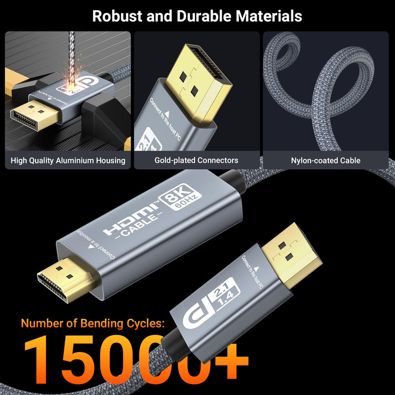DisplayPort to HDMI Cable 6.6ft, 8K@60Hz 4K@240, DP 1.4a/2.1 to HDMI 2.1 Cable with VRR G-Sync, HDR, HDCP 2.3, Compatible with HDMI 2.1 Monitor, TV, NVIDIA RTX 5090/5080/4090/4080 (Not for PS5/Xbox)