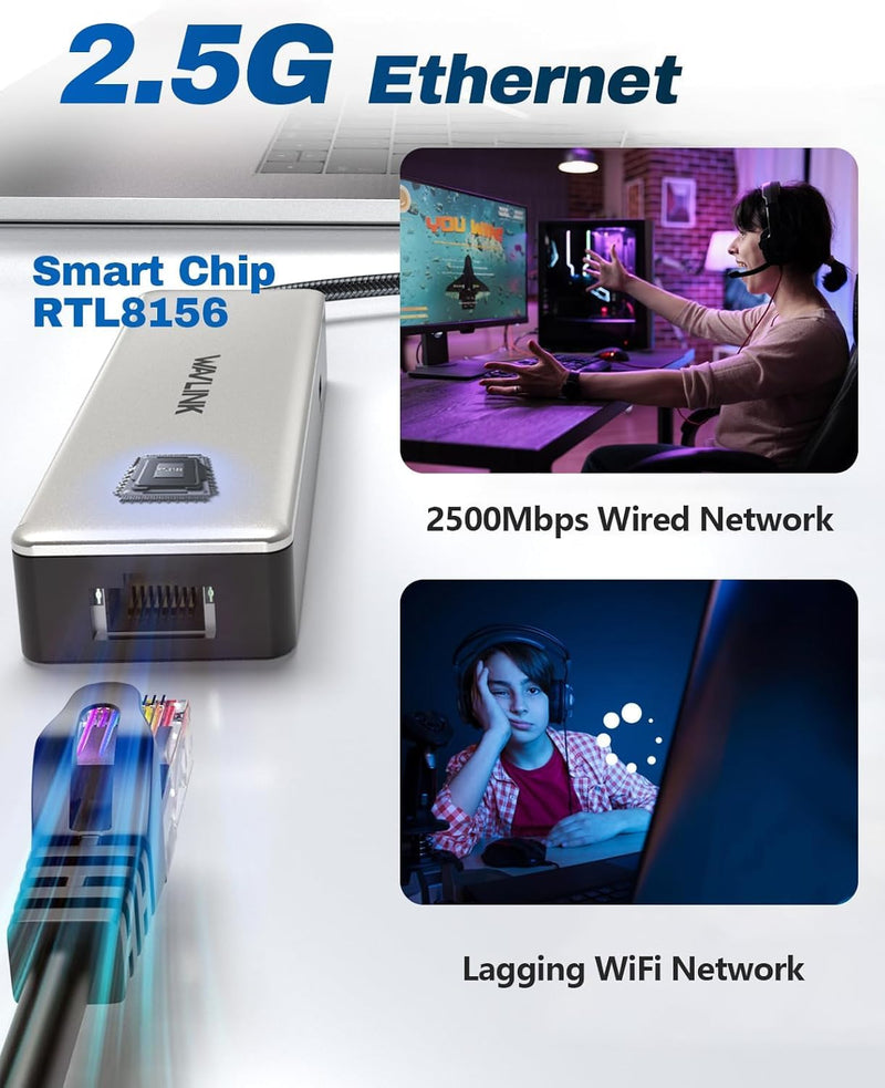 USB C Hub 2.5G Ethernet, WAVLINK 10Gbps USB C 3.2 Hub with 100W Power Delivery, 4K@120Hz HDMI 2.1, 3*USB3.2 Gen 2, 2.5G RJ45 Ports, Fit for MacBook Pro/Air iPad Dell HP Lenovo Asus Acer UHP3414-PRO