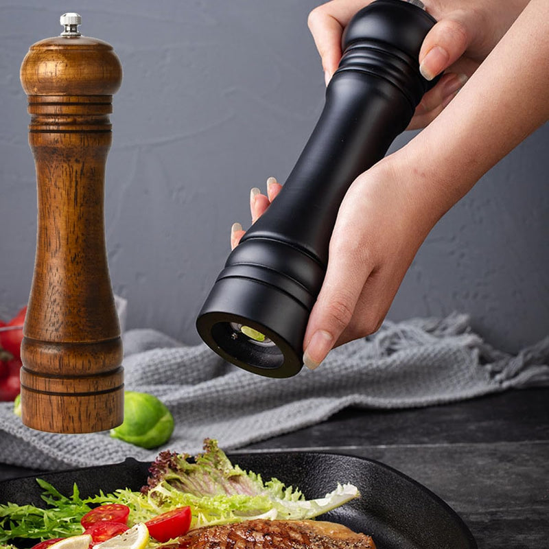 Wooden Pepper Mill Set Salt Black Pepper Grinder Kit Manual Mills Solid with Strong Adjustable Ceramic Grinders 2 Piece 8 Inches F 2 Retro + Black