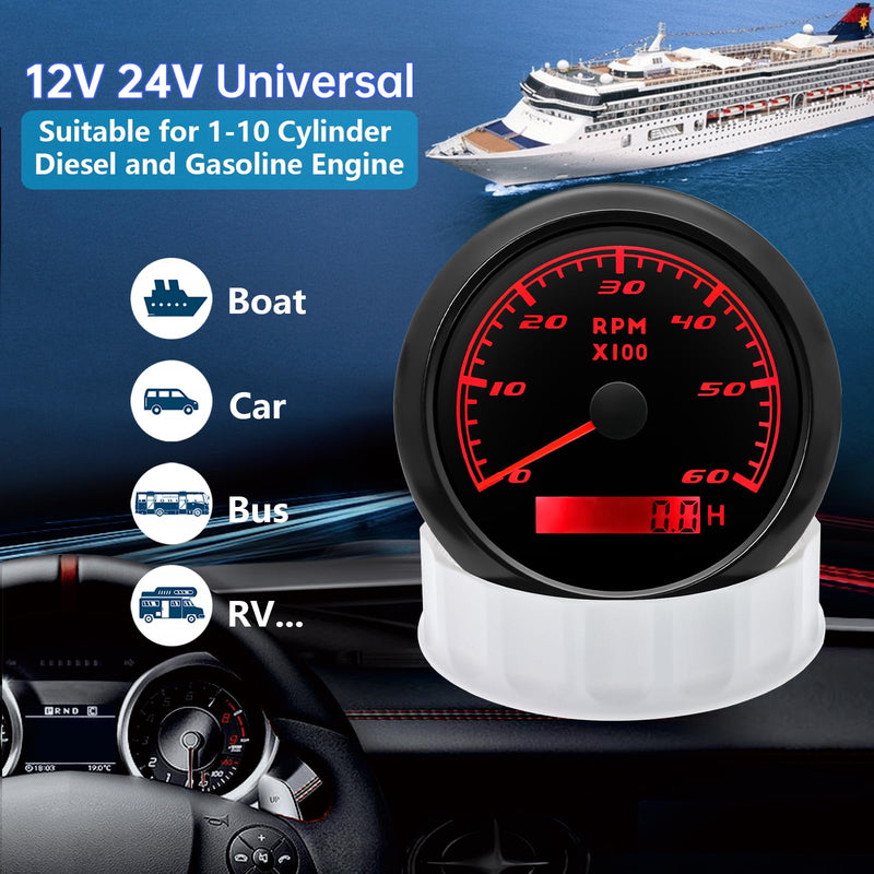 Tachometer Gauge 7 Color 0-6000 RPM Tacho Meter 85mm 3 3/8" for Auto Boat Marine Vehicle for 1-10 Cylinder Diesel and Gasoline Engine（Black） Black 6000RPM