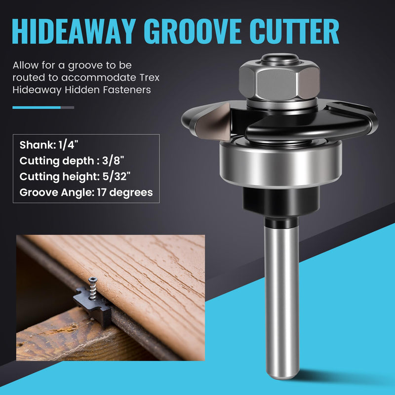 for Trex Router Bit Groove Cutter, Used for Trex Board to Work with Trex Hideaway Hidden Fasteners, 1/4" Shank Carbide Tipped Triple Wing, 3/8" Cutting Depth, 5/32" Height, Durable Precise Clean Cuts