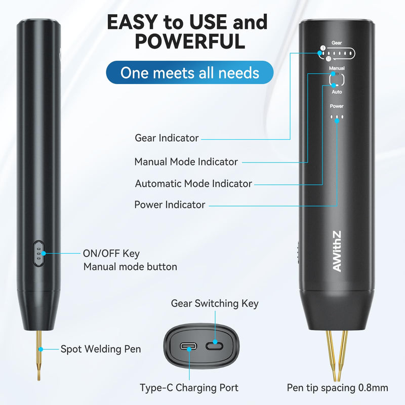 Battery Spot Welder, 11 Gear Adjustable Double-ended Replaceable Pen Tip Spot Welder, Automatic and Manual Modes, Welding Plated Nickel Sheets for DIY 18650 Battery (Black-Upgrade)