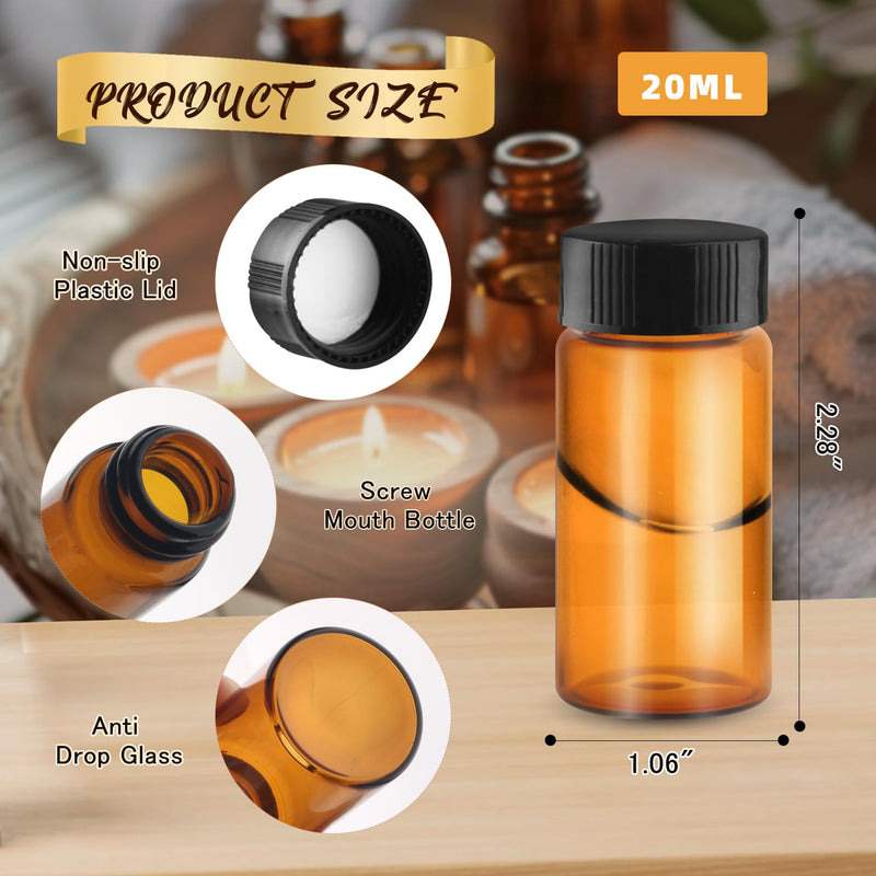 100 Pack,Glass Essential Oil Bottle with Screw Caps,Empty Refillable Travel Glass Liquid Sample Vial Labs Preservation Storage Leakproof Vials Test Container with Black Screw Caps (Amber, 20ml) Amber