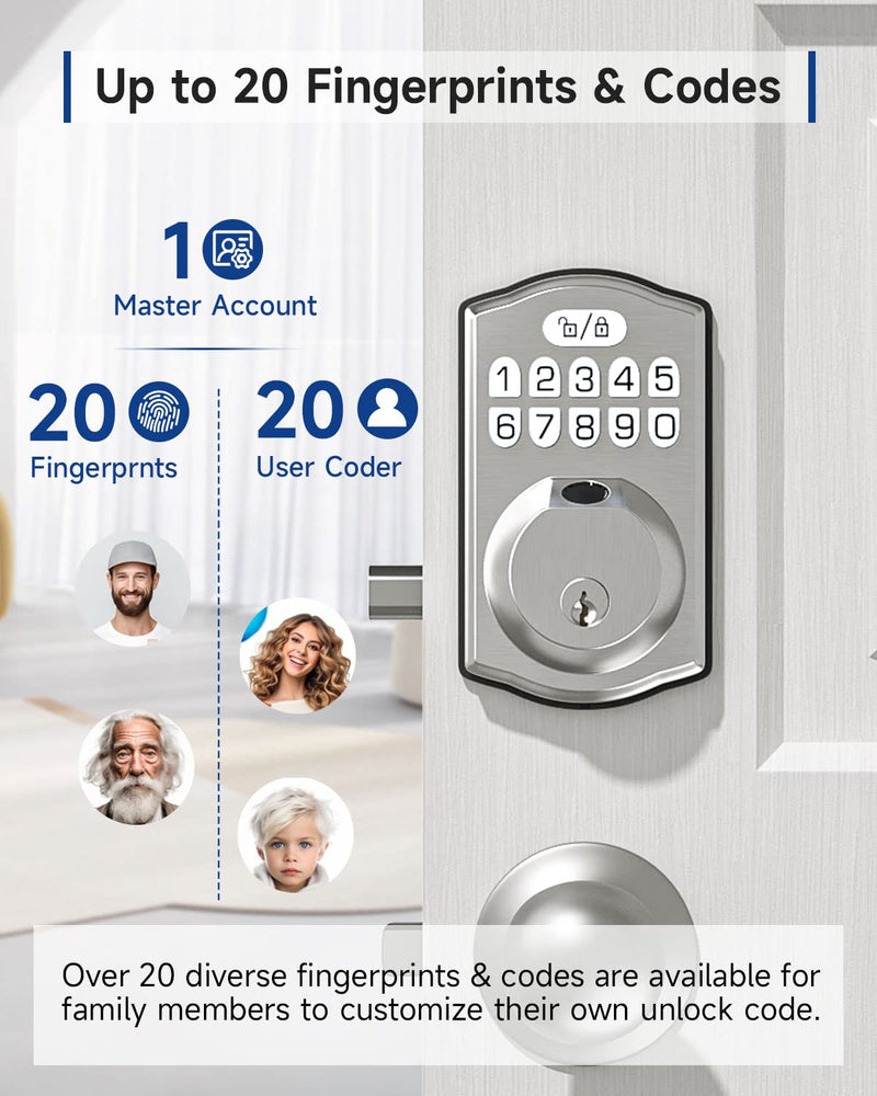 HOSOM Smart Fingerprint Deadbolt for Front Door, Electronic Keypad Entry Door Lock-20 User Codes, Anti Peeking, Auto Lock, Satin Nickel